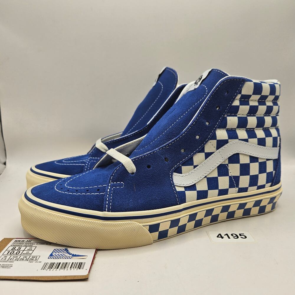 VANS MEN'S 8.5 SK8-HI CHECKERBOARD SIDEWALL CLASSIC BLUE SKATEBOARD NWOB